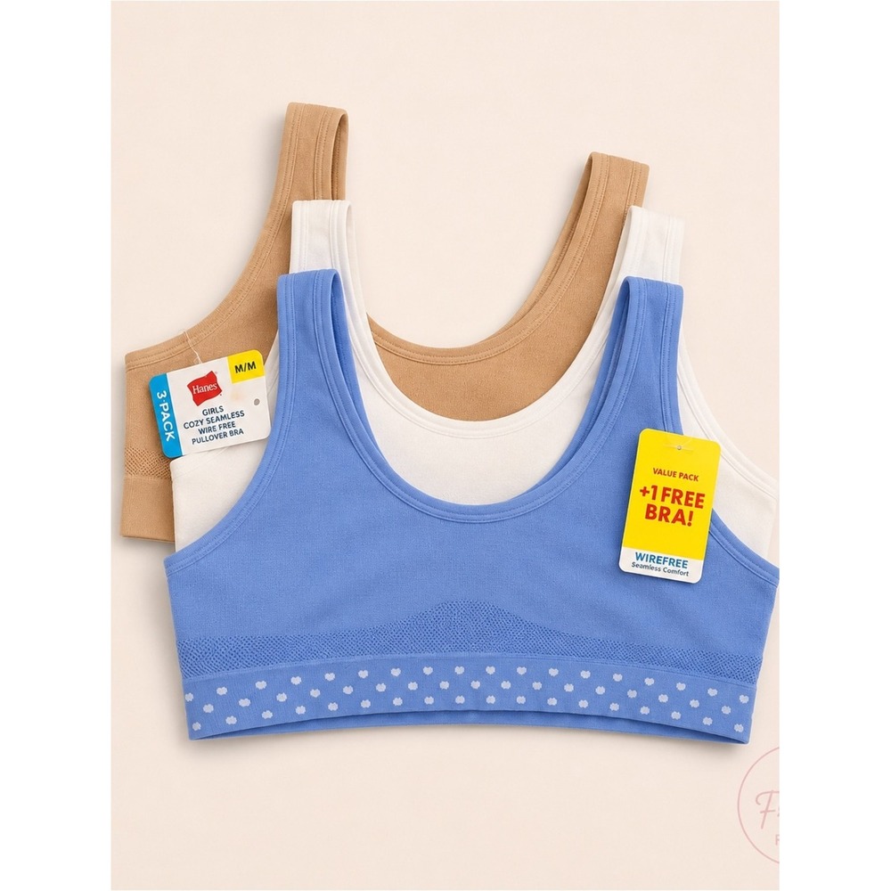 Hanes Girls Cozy Seamless Wirefree Pullover Bra 3-Pack NWT Medium Blue White Tan